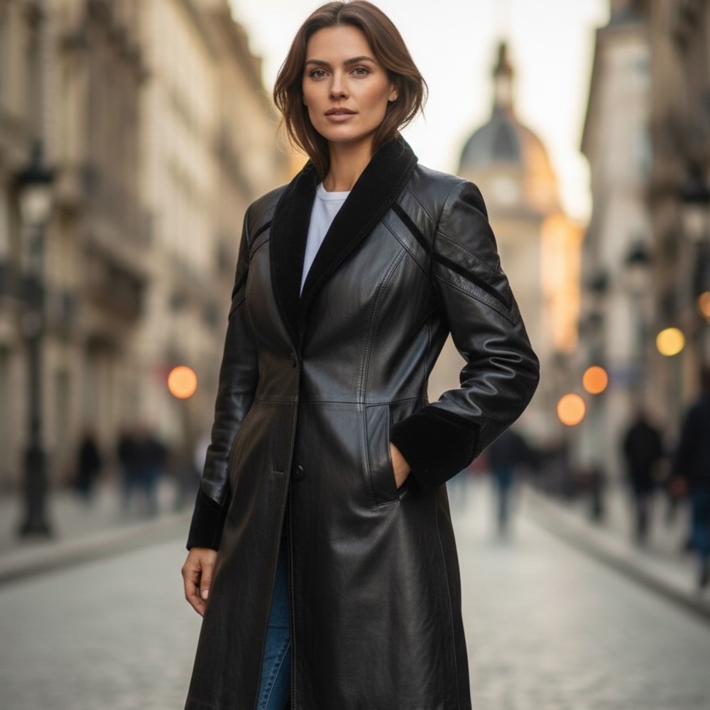 Vintage Worthington Black Leather Long Coat Petite Large